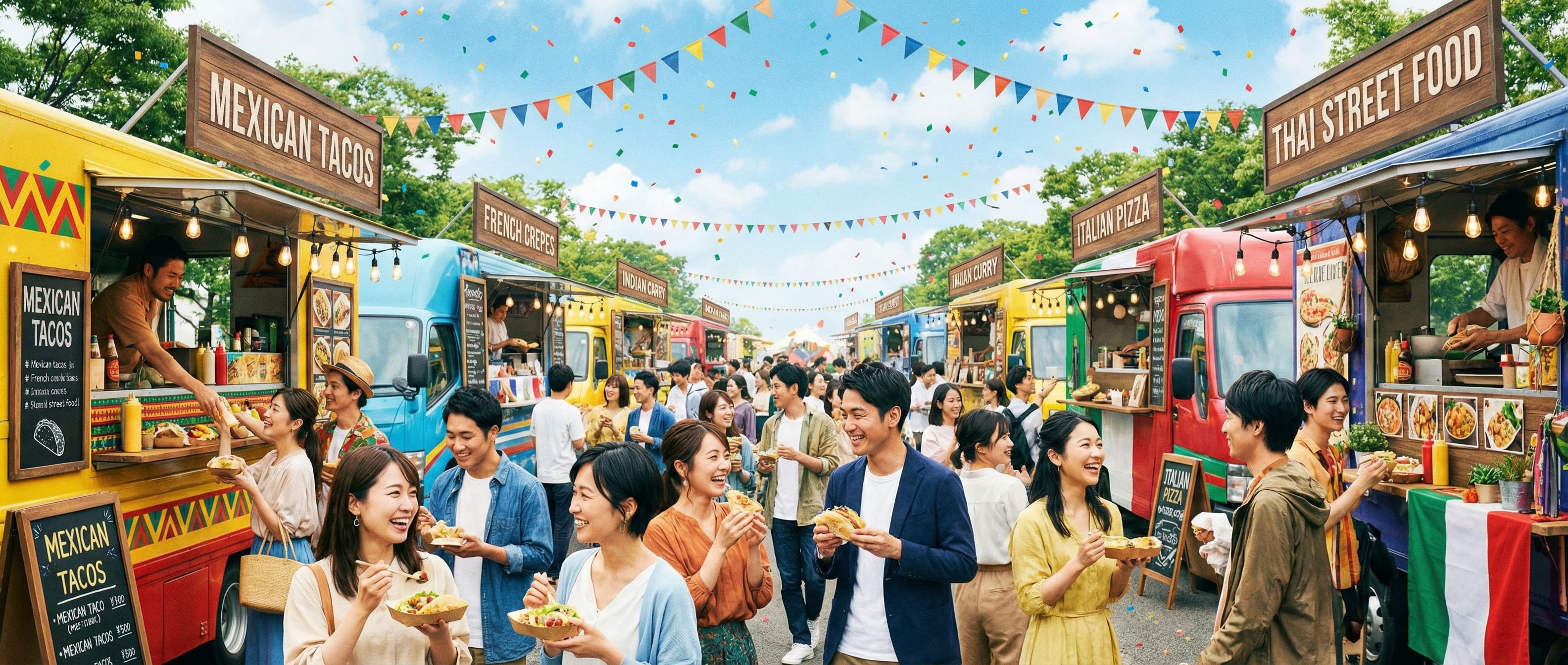 キッチンカーのある賑やかなイベント会場