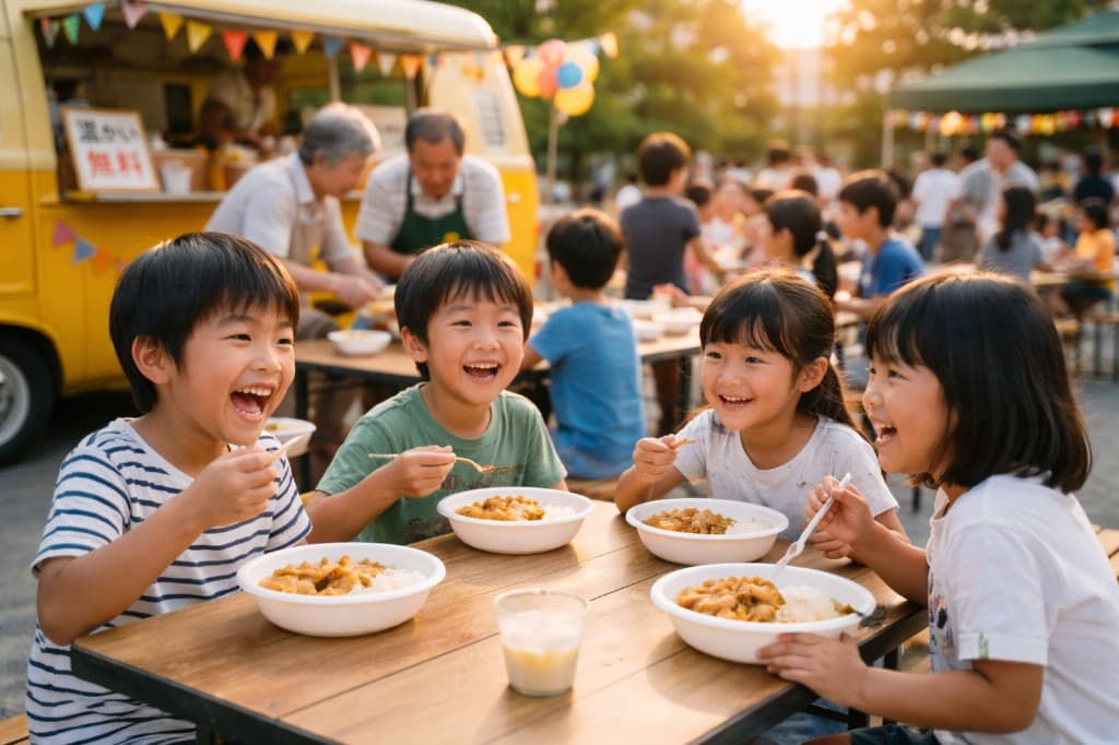 子ども食堂でキッチンカーが食事を提供する様子